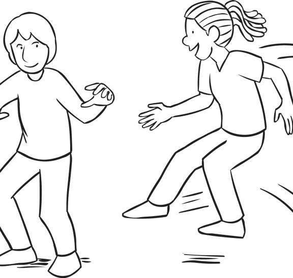 Girl attempting to jump on foot of boy in energetic game called Pretty Darn Quick