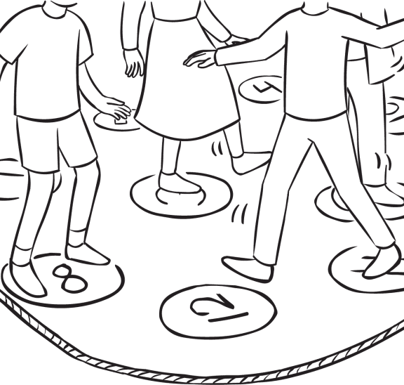 Pressure Cooker group initiative with people stepping on and off numbered spots