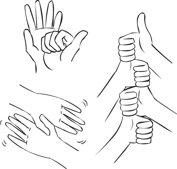 Three images of several hands involved in fun handshake greetings as part of Five Handshakes In Five Minutes ice-breaker