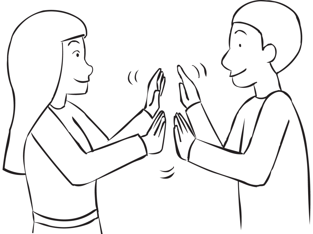 Two people clapping hands with each other as seen in Clap Trap energiser game