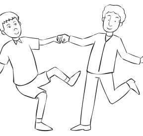 Two people holding hands and leaning Off-Balance from each other.