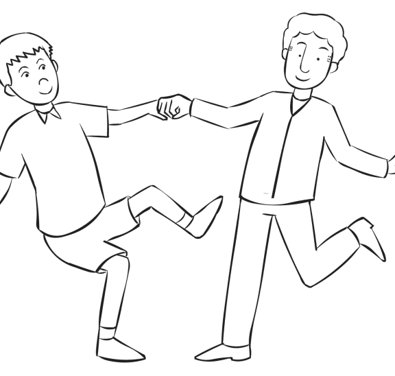 Two people holding hands and leaning Off-Balance from each other.