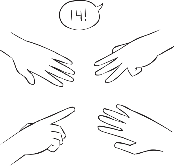 Four hands with outstretched fingers involved in fun small group mathematical exercise called Your Add as also featured in Around The World