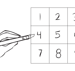 Large square with nine boxes with number 1 to 9 marked inside them, as used in Magic Nine Numbers team puzzle