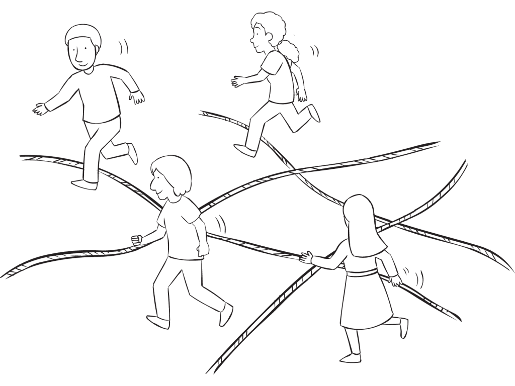 Group of people traversing an area of ropes laying on the ground, in team-building group initiative called Watch Your Step