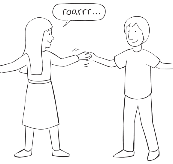 Two people holding hands playing fun circle game called Dinosaur Game