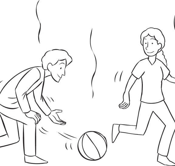 Man hitting ball with open hand towards another person, as seen in fun tag & PE game called Ga-Ga