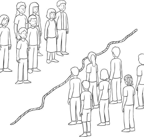 Two groups of people, standing either side of a rope, not wanting to cross the line