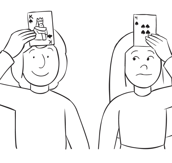 Two people with playing cards on their forehead, as seen in Poker Face team-building exercise