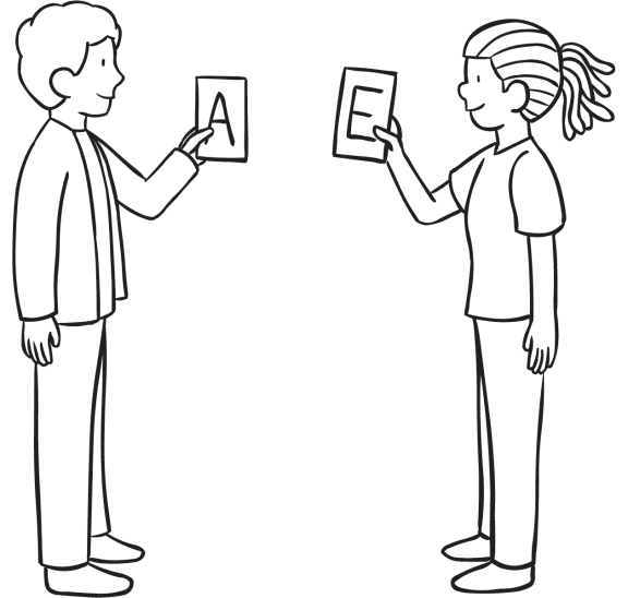 Two people holding letters cards as part of Letter Connection icebreaker game