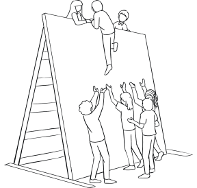 Illustration of group participating in The Wall challenge course element