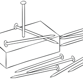 Set of nails on wooden block called Porcupine Progression